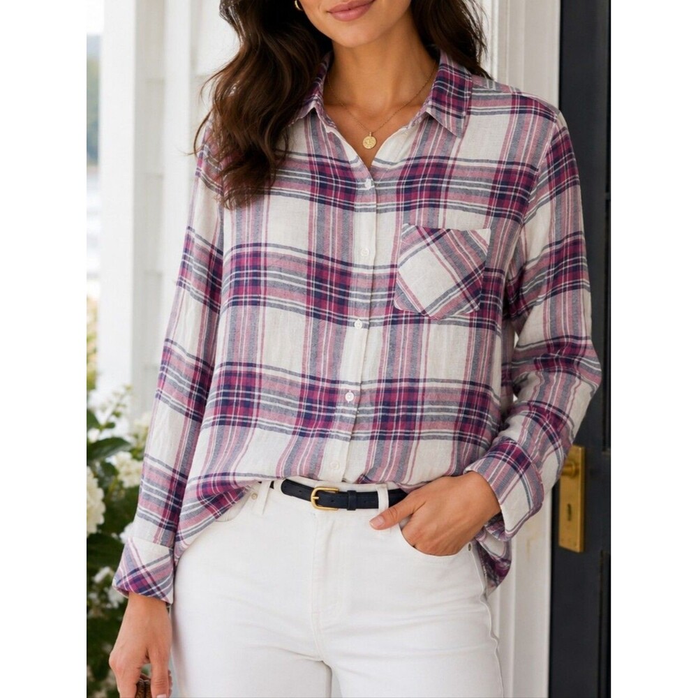 Rails Linen Blend Plaid Button Down Shirt XS Coastal Casual Lightweight